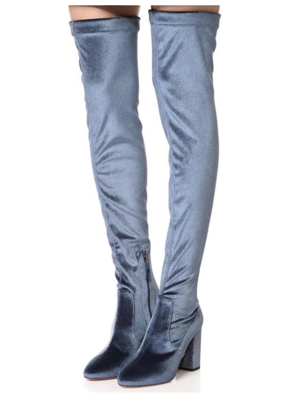 Aquazzura So Me Boots Stretch Velvet sz 36.5 Blue Gray Over The Knee Maximalist